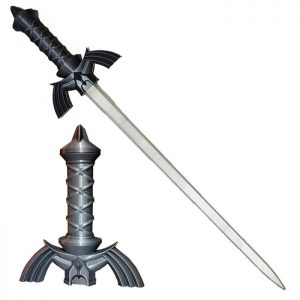 Espada extensible 3D con hoja transparente y detalles en negro y gris.