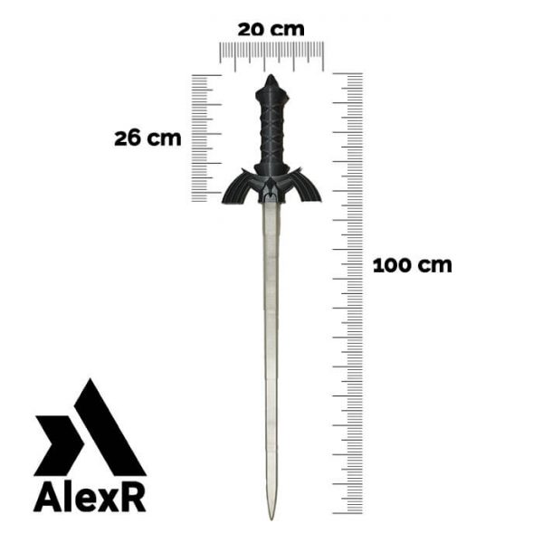 Dimensiones de la espada extensible 3D, con largo total de 100 cm y empuñadura de 26 cm.