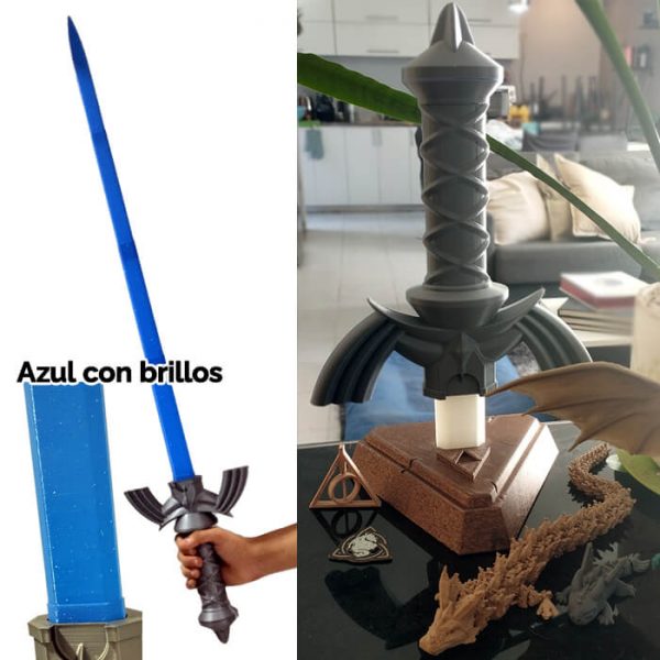 Espada extensible 3D con hoja azul brillante y base decorativa Trifuerza.
